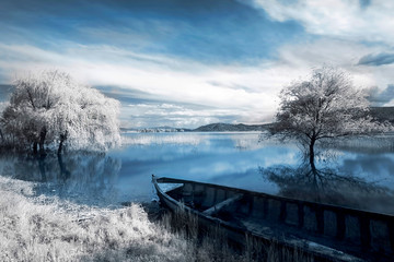 wall landscape infrared photo amazing nature lake with reflection white and blue.
