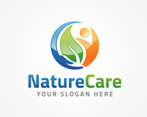 Hand leaf People Logo, icon and Sign Vector in Nature Care Concept-health care logo vector template