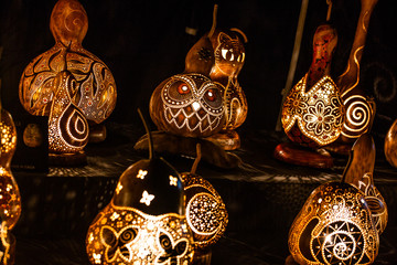 group of light lamp built with dried pumpkins