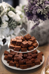 Chocolate Brownies on tray - High tea or afternoon tea dessert