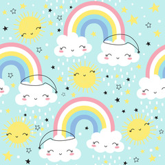 Seamless pattern with cute rainbow and clouds. Kids background. Vector