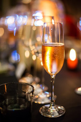 Champagne glasses on dining table in restaurant