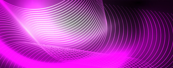 Shiny neon lights, dark abstract background with blurred magic neon light curved lines