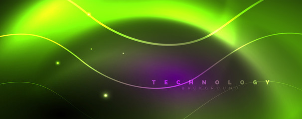 Shiny neon lights, dark abstract background with blurred magic neon light curved lines