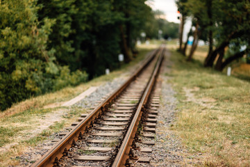 Old, rusty, abandoned railway rails, stretching into the distance. Grass grows around the railroad tracks. Abandoned railway. Transport background.