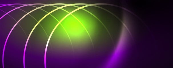 Shiny neon lights, dark abstract background with blurred magic neon light curved lines