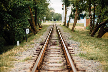 Obraz premium Old, rusty, abandoned railway rails, stretching into the distance. Grass grows around the railroad tracks. Abandoned railway. Transport background.