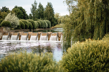 artificial city waterfall with water splashes