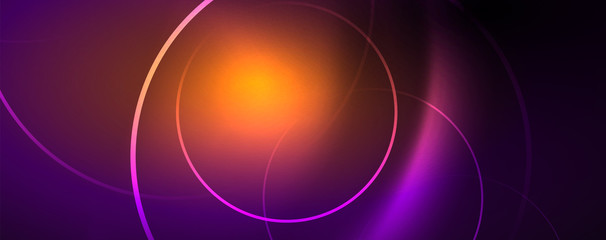 Shiny neon lights, dark abstract background with blurred magic neon light curved lines