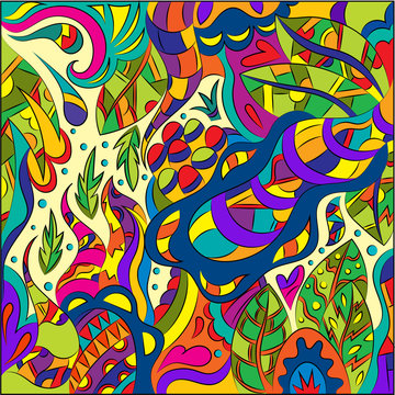 Abstract illustration in the style of doodling with elements of nature and plants.