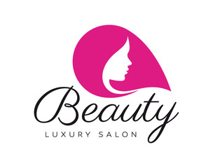 Vector logo with silhouette of female head. Text Beauty Luxury Salon. Isolated on white background