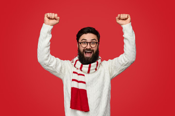 Fototapeta premium Bearded male celebrating victory