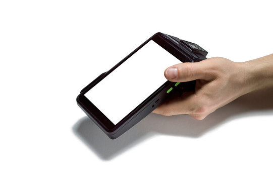 Mobile smart payment terminal with NFC technology. Close up photo of cashier holding POS terminal isolated on white background. Concept for banking, finance and payment system.