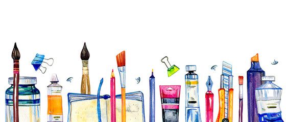 Artist materials in a row - paintbrushes, pens, stationery, paint tubes. Hand drawn watercolor illustration © Alexandra