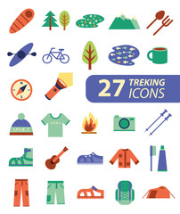 Set of flat colorful hiking, trekking and camping icons. Outdoor activity symbols drawn in vector