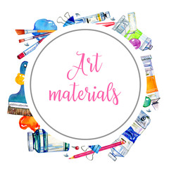 Naklejka premium Artist materials. Round frame design template - paintbrushes, stationery and tubes. Hand drawn sketch watercolor illustration