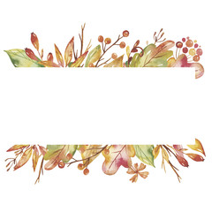 Watercolor set, banner with autumn leaves, mushrooms, cart, berries. Illustration for invitations, cards, greeting cards, prints, autumn design, sites, blogs, quotes.
