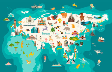 Animals world map, Eurasia illustration, preschool, baby, continents, oceans, drawn, Earth