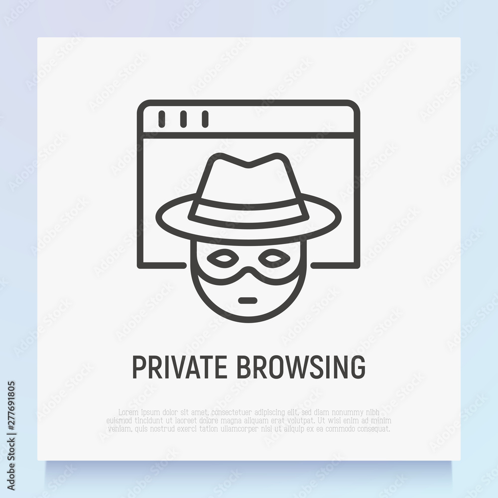 Poster private browsing thin line icon: person in hat and face mask on web page. modern vector illustration