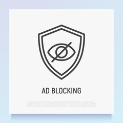 Ad blocking thin line icon: eye crossed out on shield. Modern vector illustration.