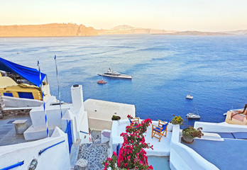 Aegean sea landscape as seen from Oia village Santorini Cyclades Greece - traditional white houses over the caldera