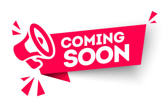 Modern red vector banner ribbon coming soon with megaphone. Web element.