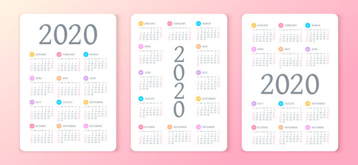 Vector calendar 2020 year. Week starts from Sunday