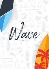 Summer Surfing Poster for Surf Club or Shop with hand draw background and Surfboard.