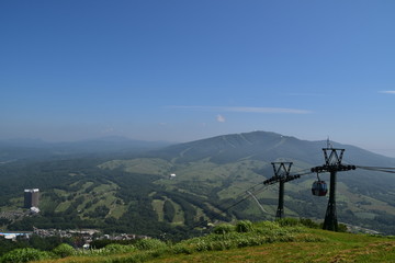 Landscape with mountain and town in Hokkaido, Japan