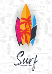 Fototapeta na wymiar Summer Surfing Poster for Surf Club or Shop with hand draw background and Surfboard.