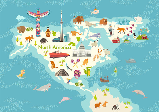 North America, world map with landmarks vector cartoon illustration. Abstract North America landmarks, animals, sign and icon cartoon style. Poster, art, travel card
