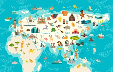 Weltkarte der Tiere, Eurasien. Vektorillustration, Vorschule, Baby, Kontinente, Ozeane, gezeichnet, Erde © coffeee_in