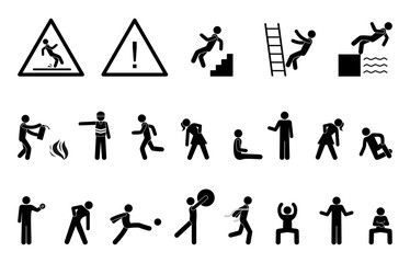 Set people icon, action pictogram black, stick figure human silhouettes, various man postures and movements, vector symbols. Human action poses. Factory worker, fire fighting.