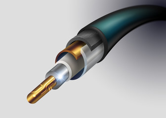 Show material layer details and components in fiber optic cable Such as steel fiber insulation layer, clear plastic, copper, silver, white plastic cover. Use advertising and sell cables.