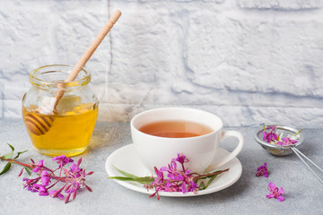 Useful herbal tea from fermented leaves fireweed on grey background. Traditional Russian Koporye Tea Ivan Chai Copy space.