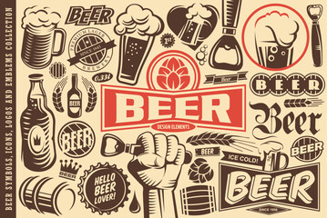 Beer symbols, emblems, logos, icons and design elements collection. Pubs, drinks, alcohol and Oktoberfest theme. Vector illustrations set.