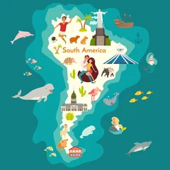 Weltkarte der Tiere, Südamerika mit Sehenswürdigkeiten. Bunte Karikaturvektorillustration Südamerikas für Kinder und Kinder. Vorschule, Bildung, Baby, Kontinente, Ozeane, gezeichnet, Erde © coffeee_in