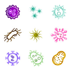 Set of color icons of viruses and bacteria. Vector on white background