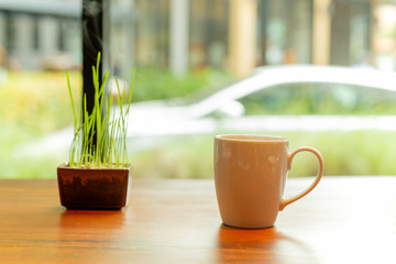 White ceramics coffee mug with smoke and small plant on wooden table in cafe.