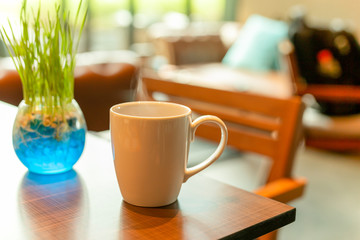 White ceramics coffee mug with smoke and small plant on wooden table in cafe.