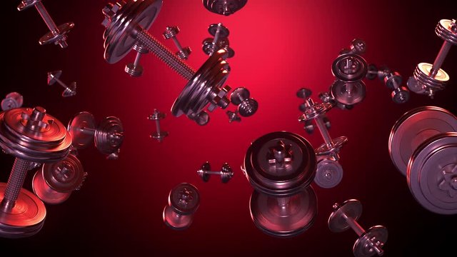 Flying dumbbells in red lighting. Red background. Animation is seamlessly looped. Contains alpha channel.