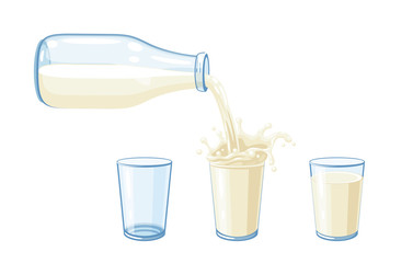 The milk flows out of the bottle and fills three glasses with a splash. Vector illustration cartoon flat icon isolated on white.