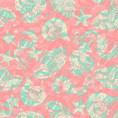 Green and pink vector ornate seahorse, starfish and seashell seamless pattern background with stamp texture overlay.