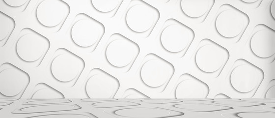 Room interior vintage with white brick wall and wood floor background. white concrete wall and white wood floor. Empty bright interior. 3D render.