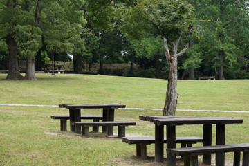 公園の木製テーブルとベンチ