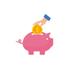 Saving money in to piggy bank vector icon illustration. Saving money icon symbol design