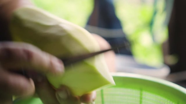 Old lady using knife to cut a winter melon to pieces. Ingredient for cooking