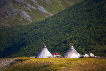 Nenets reindeer herders chooms on a summer