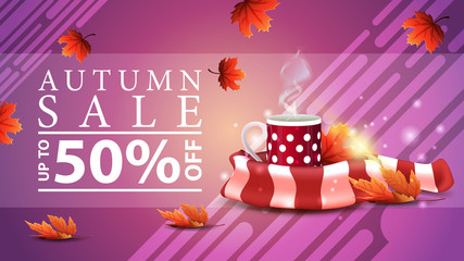 Autumn sale, discount web banner for your site in a modern style with mug of hot tea and warm scarf