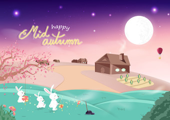 Happy Mid Autumn, harvest season, cute bunny cartoon and Sakura falling with full moon in village, fantasy concept, invitation poster card background vector illustration